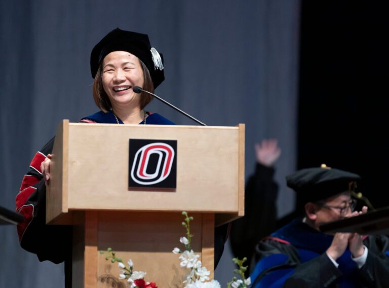 Chancellor Joanne Li speaks at UNO commencement.